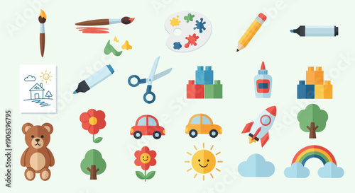 Colorful Collection of Childrens Art and Craft Supplies Including Paints Scissors and Toys.