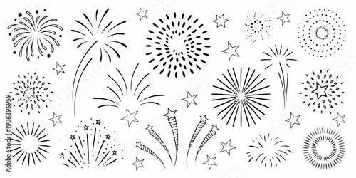 Stylized black and white illustration of various firework displays