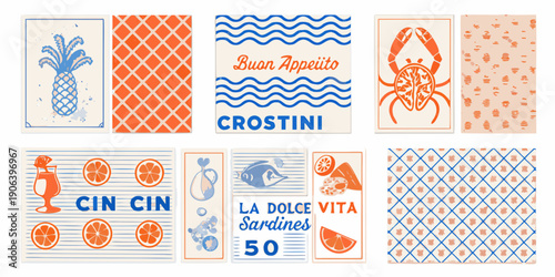 A collection of retro style food and drink themed cards in orange and blue