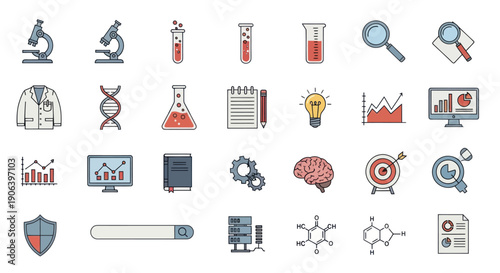 Scientific Research Icons: Microscope Test Tubes DNA and Data Analysis Symbols.