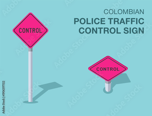 Traffic regulation rules. Isolated colombian "police traffic control" road sign. Front and top view. Flat vector illustration template.