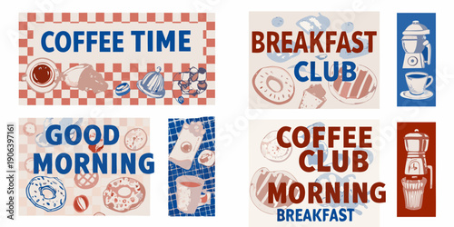 Four retro style signs with coffee breakfast and morning themes