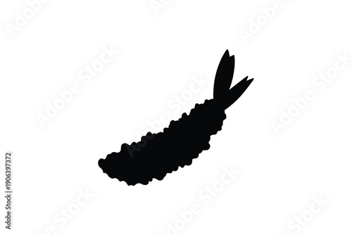 Black silhouette of tempura shrimp isolated on white background, Japanese food style