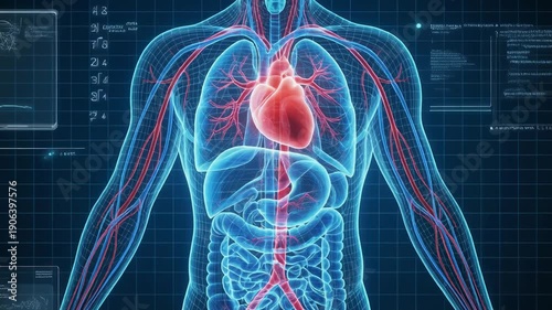 Detailed human anatomy illustration showing heart lungs digestive system and blood vessels in medical concept