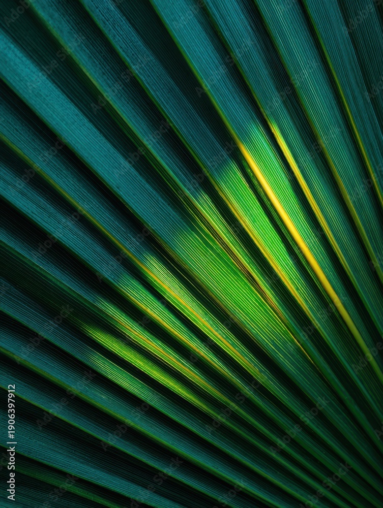 Obraz premium Palm leaf shadow cast on a green leaf (layering), abstract tropical composition