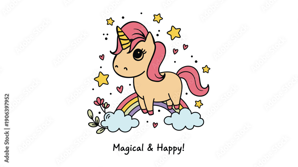 Fototapeta premium Unicorn illustration with pink hair and rainbow on transparent background