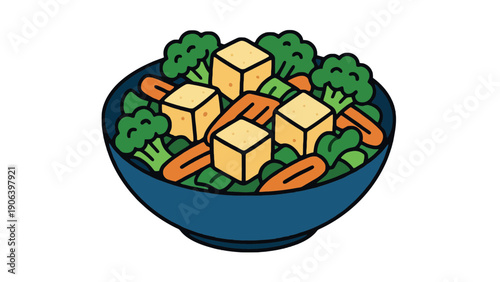 Vegetable bowl illustration with broccoli, carrots, and tofu on transparent background