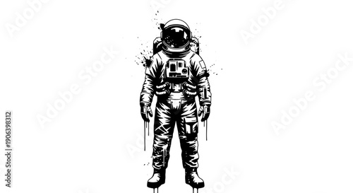 Detailed black and white illustration of an astronaut in a full space suit with grunge ink splatter effects, standing isolated on a white background.