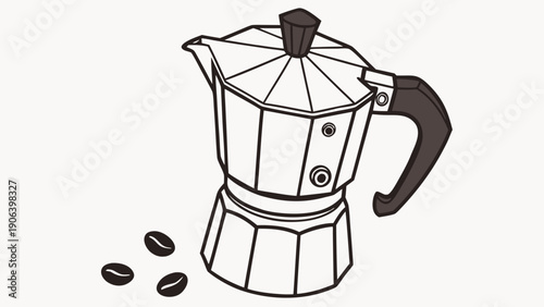 A minimalist vector illustration of a stovetop espresso coffee maker with coffee beans