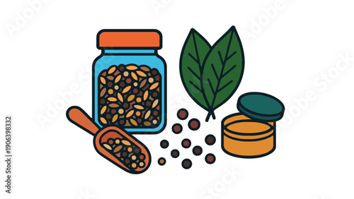 Coffee bean illustration with jar and scoop on transparent background