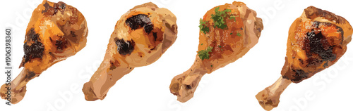 Grilled chicken drumsticks vector illustration set featuring roasted fried poultry meat food collection for restaurant menu fast food design isolated white background