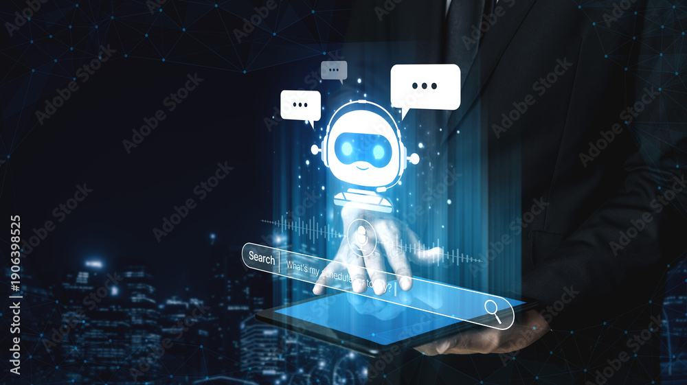 Naklejka premium AI assistant with voice chat interface, combining smart chatbot, voice command, and AI-powered control search tools. Agentic AI assistant helps users search and chat naturally. Spline