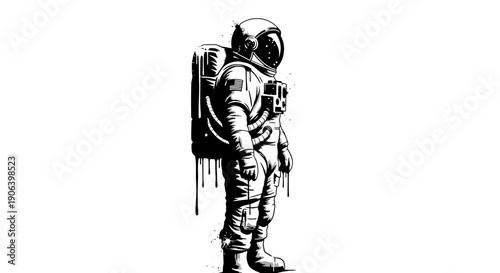 Gritty black and white illustration of an astronaut in a full space suit with paint drips, standing against a plain background.