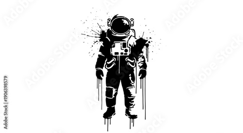 Black silhouette of an astronaut in a space suit with grunge ink splatters and drips on a white background, artistic space exploration concept.