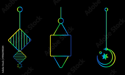 Modern Gradient Islamic Lanterns and Crescent Moon Ornaments