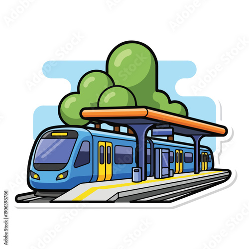 A blue train stopped at a station with a tree