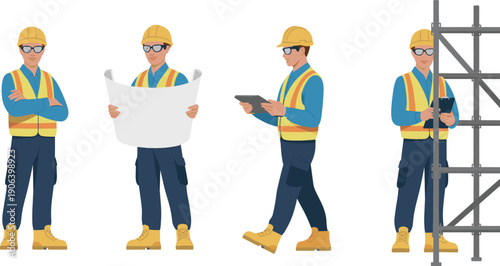 Construction engineer worker vector illustration set showing safety helmet vest professional checking plans using tablet and inspecting scaffold isolated white background