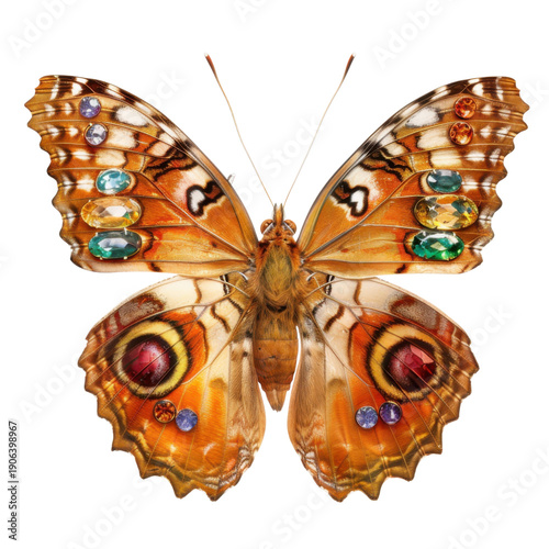 A vibrant butterfly with jewel-like patterns resting on a dark background