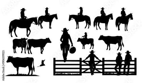 Western cowboy and cowgirl silhouette scenery flat black vector illustration set