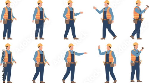 Construction worker character poses vector illustration set showing builder in safety vest helmet walking gesturing and using tools isolated white background