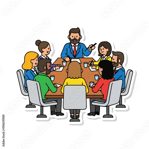 A cartoon image of a group of people in business attire sitting around a table