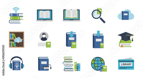 Flat Design Education and Library Icons Collection with Books Laptops and Graduation Cap.