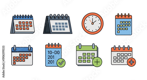 Collection of Calendar and Clock Icons Representing Time Management and Scheduling.