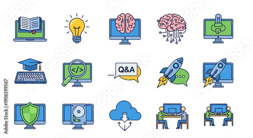 Collection of colorful computer icons representing learning AI coding security and communication.
