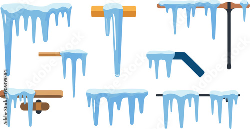 Frozen ice icicles vector illustration set showing winter snow drips on objects for cold weather decoration isolated on white background