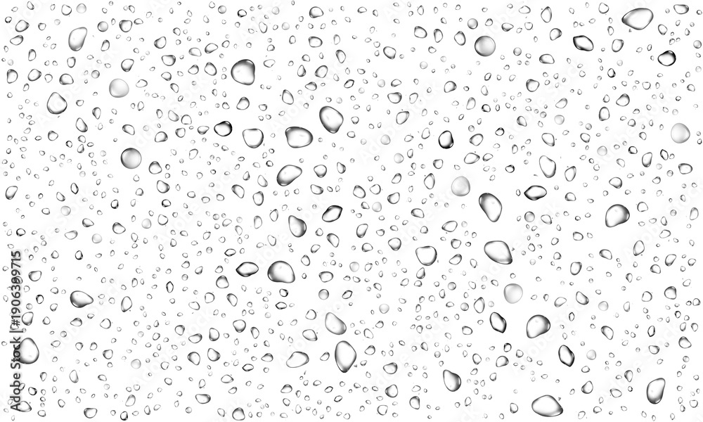 Fototapeta premium Realistic transparent water drops on transparent background liquid water-drop top view glass plate sprinkle, spritz effect, wet spray droplet, dripped, bubble splash on leaf surface overlay window