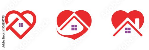 Heart home love icons set, vector illustration featuring houses, heart symbols, and real estate elements