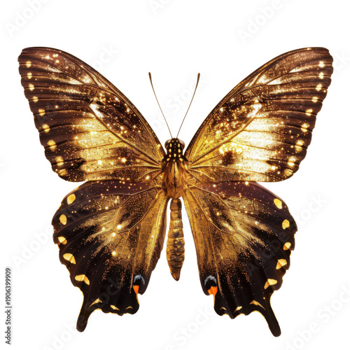 A mesmerizing golden butterfly with sparkling wings against a black background