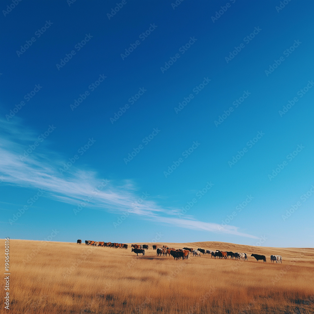 Obraz premium Cattle move gracefully across a serene landscape, enjoying the autumn grass under a clear sky Generative AI