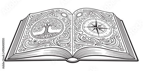 Open book vector illustration, knowledge and wisdom symbol, fantasy open book art