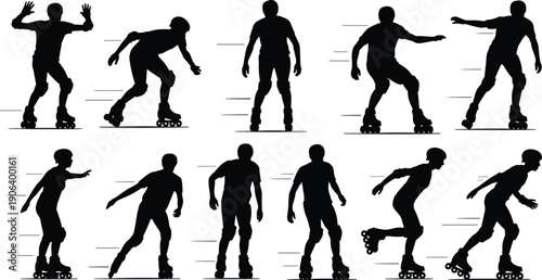 Silhouettes of twelve roller skaters in varied poses, skating, balancing, moving, symbolizing speed, energy, lifestyle, recreation, sport, and fitness