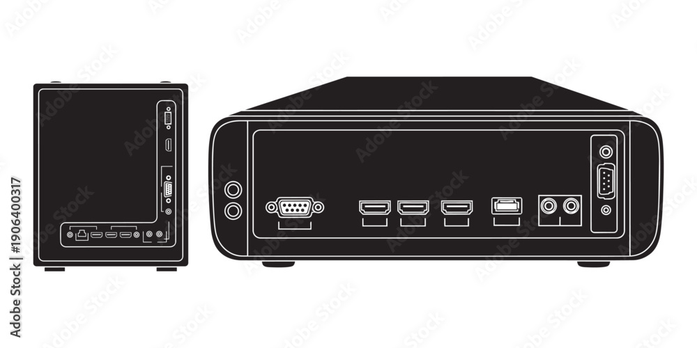Fototapeta premium External media device back panel vector illustration showing various connection ports and interfaces