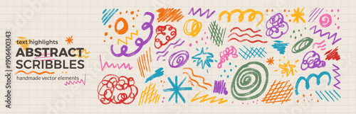 Hand-drawn vector abstract kids scribbles set with spontaneous strokes, chaotic marks, expressive squiggles. Rough multi colors zigzag, round elements create graphic chaos with spontaneous energy.