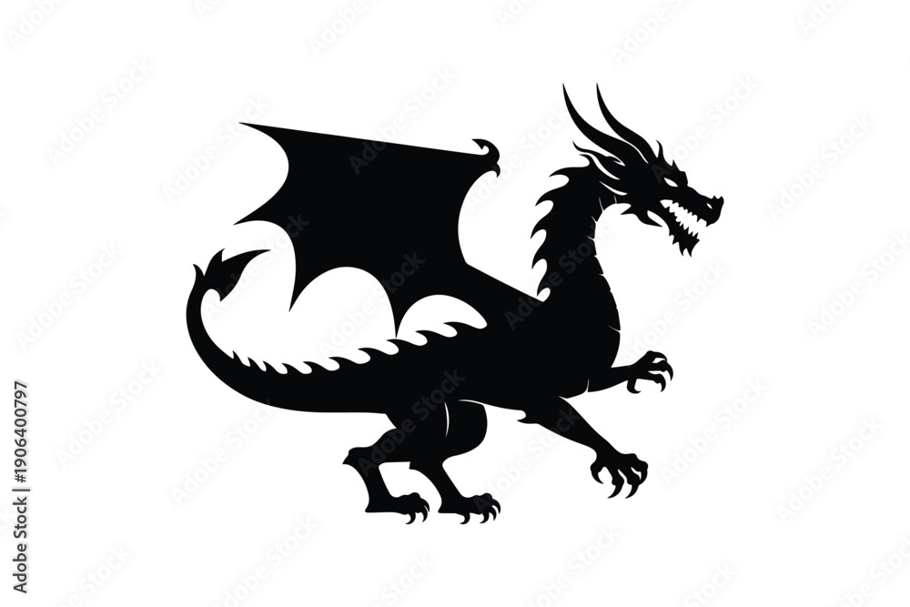 Fototapeta premium Dragon silhouette with wings and sharp claws, mythical creature roaring, isolated on white background