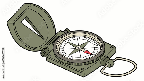 A vector graphic illustration of an open green compass with a white face and red needle on a plain white background