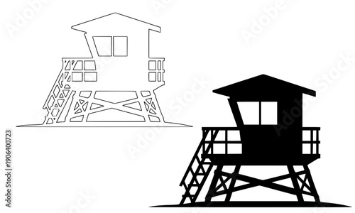  Lifeguard tower station illustration set with stairs and windows in line art and silhouette versions, beach safety rescue building vector design for coastal summer and ocean surveillance theme