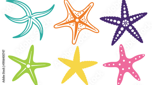 Six colorful starfish are arranged in two rows on a white background.