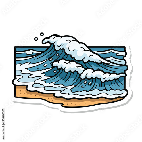 A sticker-style illustration of a crashing ocean wave