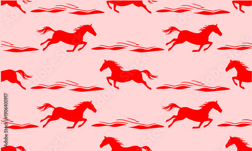 Seamless pattern with running red horses and brush strokes on pink background, dynamic equestrian motion vector illustration for wild animal and energetic design theme