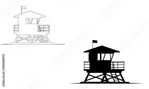  Lifeguard station tower illustration set with line art and silhouette versions, beach safety rescue hut vector design for summer coastal ocean and tropical vacation theme
