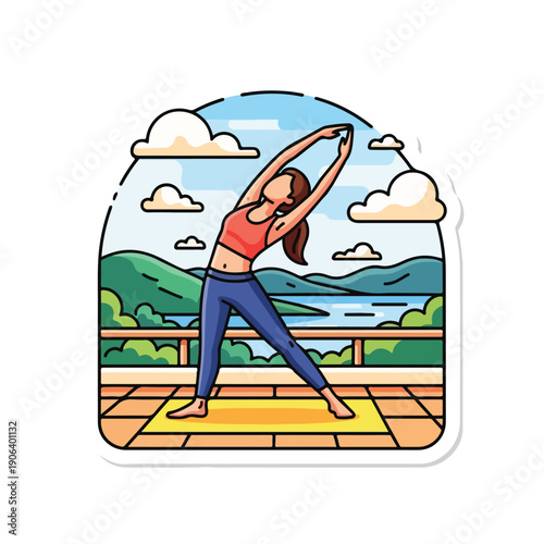 A woman practices yoga outdoors