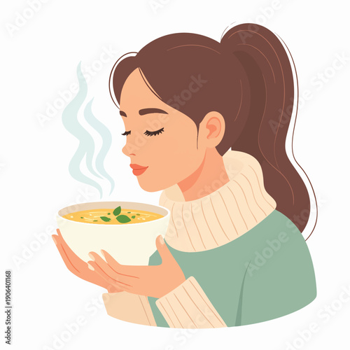 A woman enjoys a steaming bowl of soup on a cold day, cradling it in her hands with a look of satisfaction.