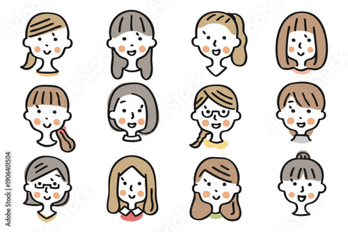 女性の顔のアイコンセット①