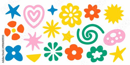 Colorful collection of playful floral and geometric shapes on a white background