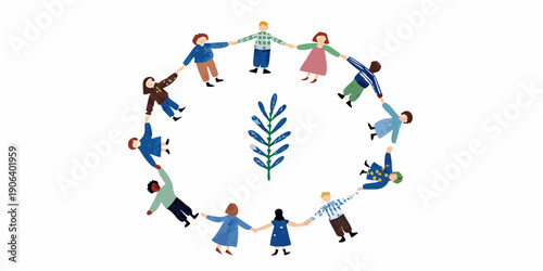Children holding hands in a circle around a plant illustration