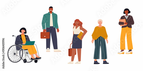 Diverse group of professionals standing together in a minimalist illustration